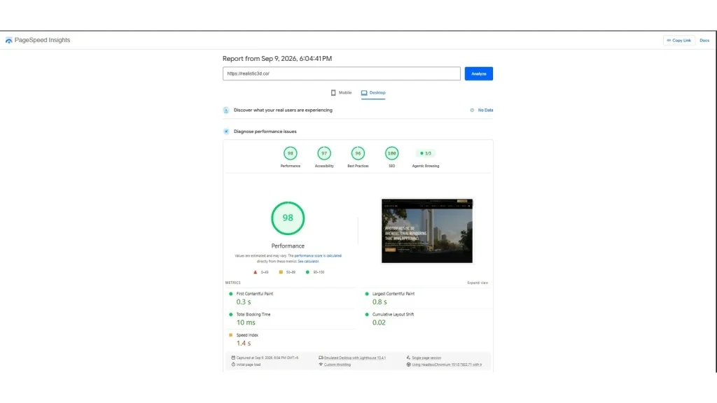 PageSpeed Insights report showing a 98 performance score and 100 SEO score